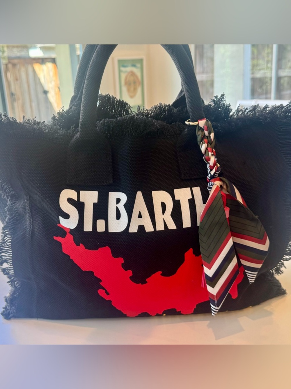 New St Barth’s Black fringe canvas bag with scarf tie detail